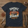 SMOKE Brisket NOT METH text with graphic of brisket on a grill surrounded by flames, navy t-shirt