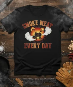 Smoke Meat Every Day t-shirt with graphic of grill and smoking meat, featuring fire and tongs