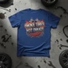 Smoke Tires Not Drugs text design with checkered flags, tire tread, and gears, on a blue t-shirt