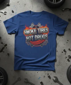 Smoke Tires Not Drugs text design with checkered flags, tire tread, and gears, on a blue t-shirt