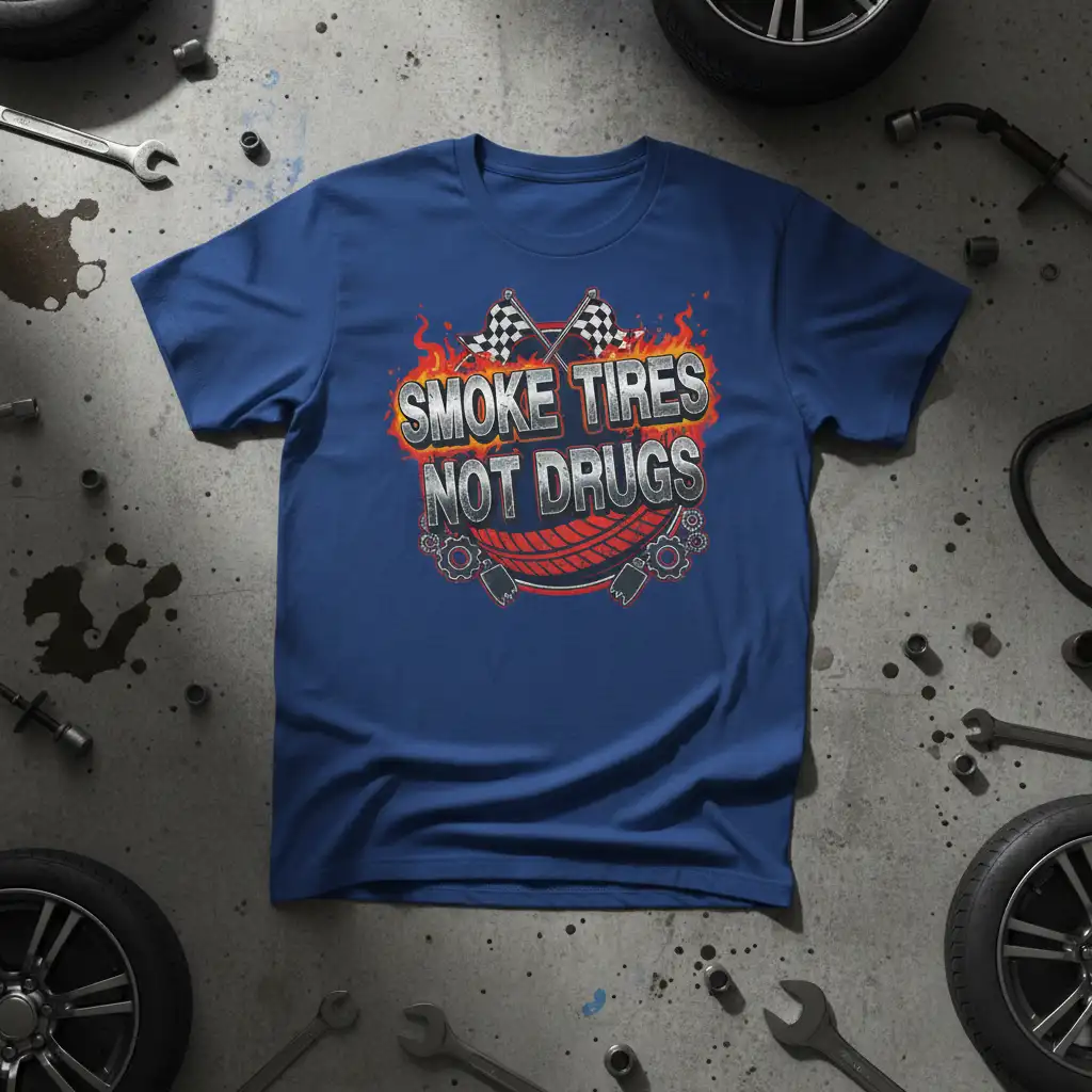 Smoke Tires Not Drugs quote with racing flags and tire tread graphic on a blue t-shirt for car lovers