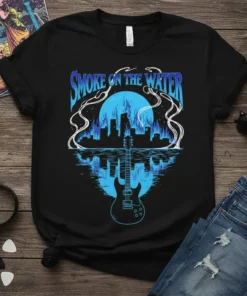 Smoke On The Water graphic tee featuring an electric guitar silhouette reflected in water, with a cityscape and moon