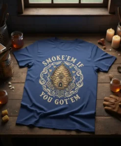 Smoke'Em If You Got'Em t-shirt with a golden beehive graphic and bees, in gold text