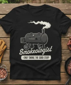 Smokeologist I ONLY SMOKE THE GOOD STUFF t-shirt with graphic of a smoker and smoke