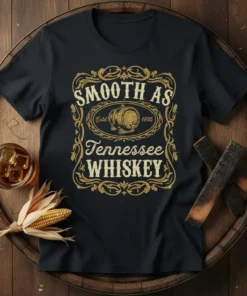 Smooth as Tennessee Whiskey design with vintage barrel graphic and established date on a black t-shirt