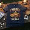 S'mores Squad text with campfire, graham cracker, chocolate, and marshmallow graphic on a navy t-shirt