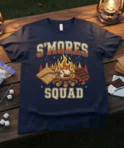 S'mores Squad text with campfire, graham cracker, chocolate, and marshmallow graphic on a navy t-shirt