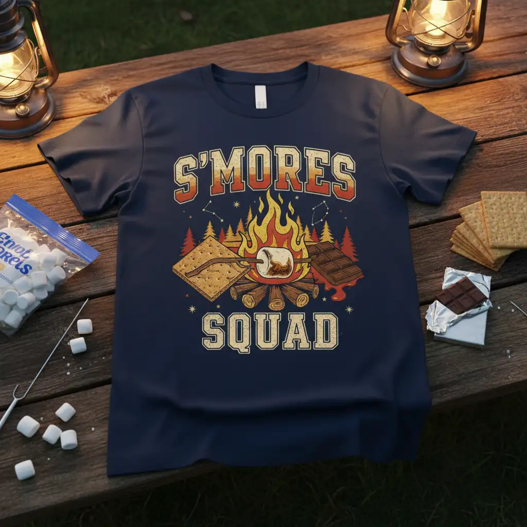 S'mores Squad text and campfire graphic, ideal for camping and outdoor adventure enthusiasts