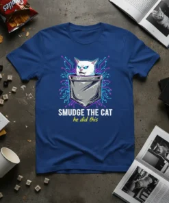 Smudge the Cat he did this text on a blue t-shirt featuring a white cat peeking out of a pocket