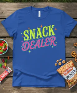 Snack Dealer t-shirt with bright yellow and pink text, surrounded by stars and snacks