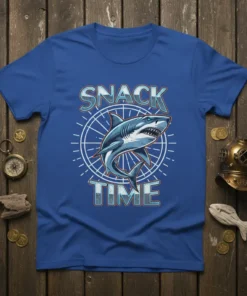 Snack Time t-shirt design featuring a fierce shark graphic within a circular sunburst motif