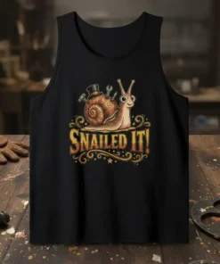 SNAILED IT! funny pun tank top with a steampunk-style snail wearing a top hat and holding tools