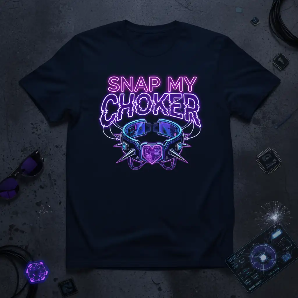 Snap My Choker neon cyberpunk choker graphic tee with vibrant purple and blue accents
