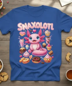 Cute pink axolotl character with the word SNAXOLOTI surrounded by cupcakes, donuts, and cookies on a blue t-shirt