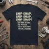 Navy t-shirt with white text: "SNIP SNAP, SNIP SNAP, SNIP SNAP! YOU HAVE NO IDEA THE PHYSICAL TOLL A VASECTOMY
