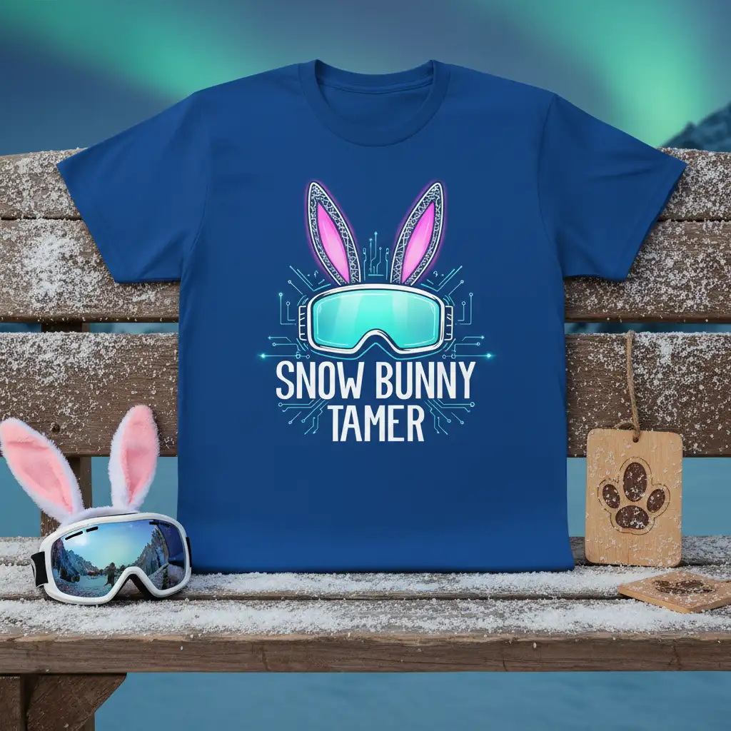 Snow Bunny Tamer text and graphic with bunny ears and goggles, perfect for skiers