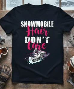 SNOWMOBILE Hair DON'T Care text with a graphic of a snowmobile in action on a black t-shirt