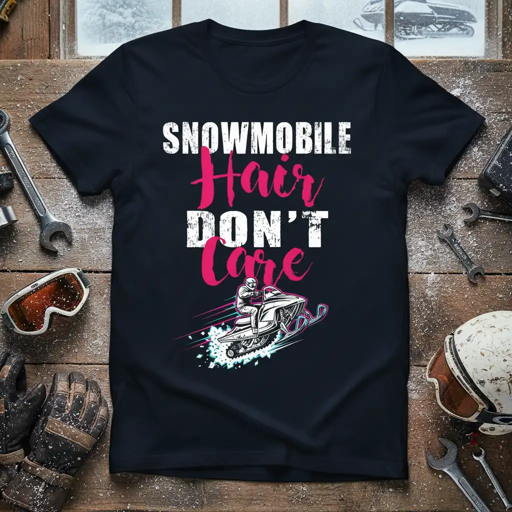 SNOWMOBILE Hair DON'T Care quote with dynamic snowmobile graphic on a black t-shirt