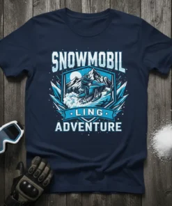 Snowmobiling Adventure t-shirt design featuring a rider on a snowmobile in a snowy mountain landscape