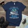 Navy t-shirt with "I'm a Snowmobiling Dad Just Like a Normal Dad Except Much Cooler" text and snowmobiler graphic under