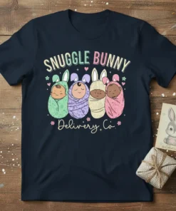 Snuggle Bunny Delivery Co. t-shirt design featuring four swaddled babies with bunny ears in pastel colors