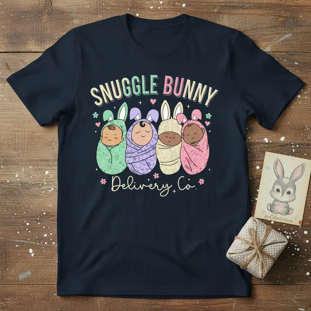 Snuggle Bunny Delivery Co. t-shirt design with four babies in bunny swaddles and pastel delivery company theme