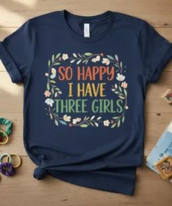 So Happy I Have Three Girls text in colorful font with floral wreath on navy t-shirt