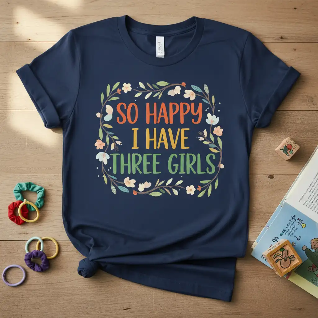 So Happy I Have Three Girls colorful text with floral wreath on a navy blue t-shirt