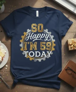 T-shirt with "SO Happy I'M 59 TODAY" text in a gear design, celebrating a 59th birthday