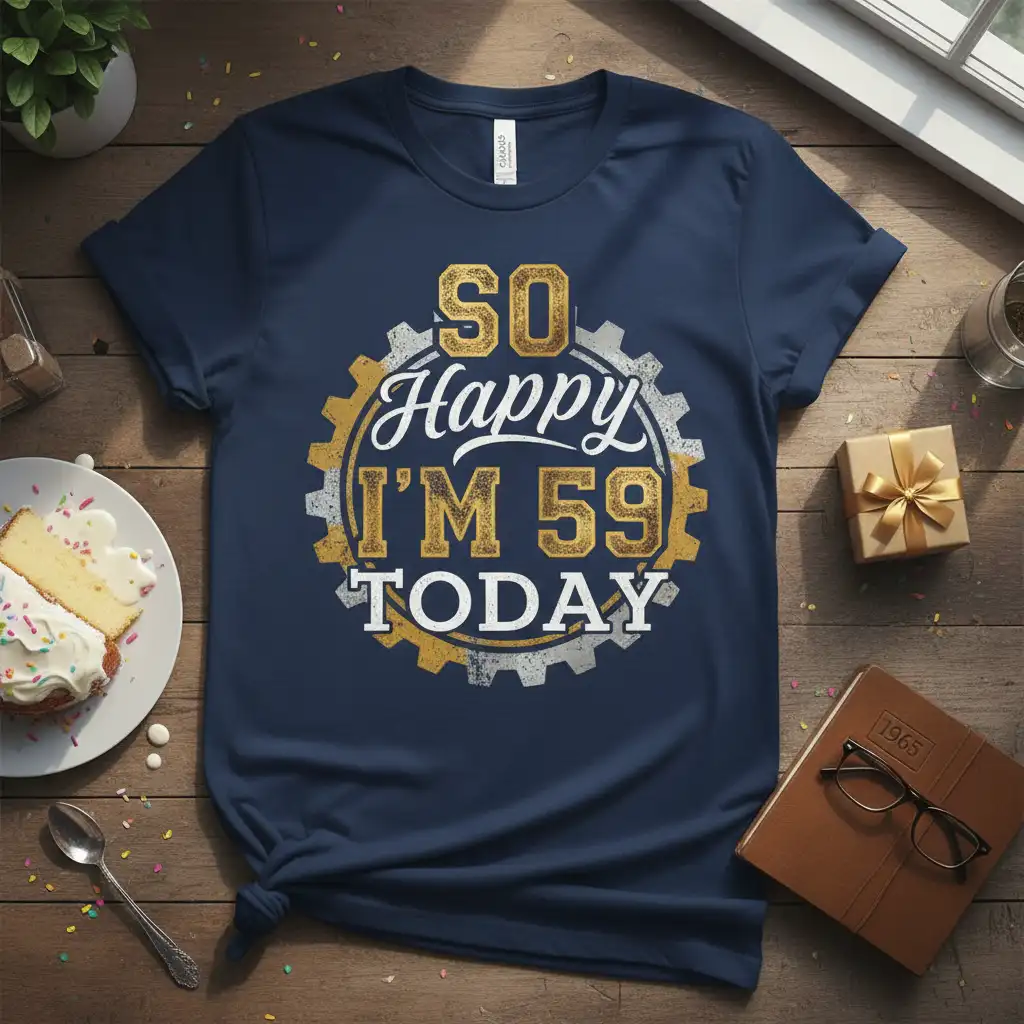 SO Happy I'M 59 TODAY vintage gear design t-shirt for 59th birthday celebration