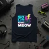 SO LIT RIGHT MEOW text with retro lightning bolt graphic on a navy blue tank top