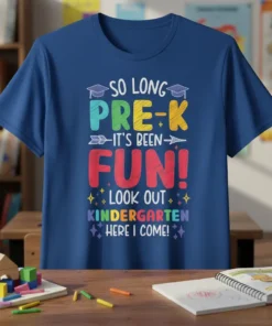 So Long Pre-K It's Been Fun! Kindergarten Here I Come! text design with graduation caps and arrows on a blue