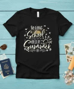 So Long School Hello Summer text design with sun and birds graphic on black t-shirt