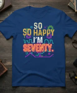 So So Happy I'm Seventy text with colorful fireworks and neon graphics on a navy blue t-shirt