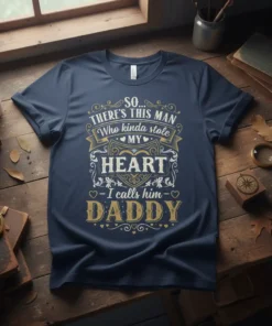 So There's This Man Who Kinda Stole My Heart I Calls Him Daddy text design on a navy blue t-shirt