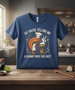 T-shirt with "So You're Telling Me A Shrimp Fried This Rice?" text and a cartoon shrimp chef cooking rice
