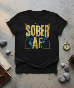 Sober AF text design with gold glitter and abstract colorful splatter on a black t-shirt