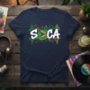 Soca Music Guyana flag design on a navy t-shirt with musical notes and colorful graphic elements