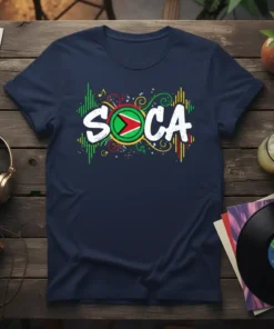 Soca Music Guyana flag design on a navy t-shirt with musical notes and colorful graphic elements