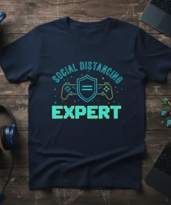 Social Distancing Expert t-shirt with gaming controllers and shield graphic