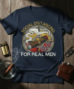 Social Distancing For Real Men T-Shirt with cigar graphic, compass, and gears