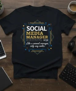 Black t-shirt with "SOCIAL MEDIA MANAGER Like a normal manager, only way cooler." text in gold and white, framed by