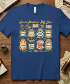 Blue t-shirt with "Social Studies is My Jam" text and jars labeled History, Geography, Civics, Government, Economics, Social Sciences, Humanities