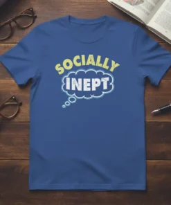Socially Inept text in a comic speech bubble design on a blue t-shirt