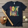 Soft Ball graphic tee featuring a baseball player swinging a bat, with softball and baseball elements, in a colorful, vintage
