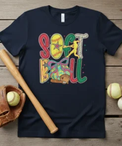Soft Ball graphic tee featuring a baseball player swinging a bat, with softball and baseball elements, in a colorful, vintage