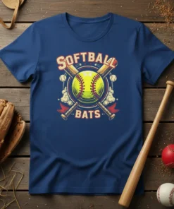 Softball Bats design featuring crossed bats and a softball graphic on a navy blue t-shirt