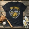 Black t-shirt with yellow text and graphic detailing softball catcher's attributes: SOFTBALL INTELLIGENT CATCH. PITCH. BUNT. POSITIVES CREATIVE LEADER STRONG