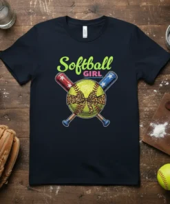 Softball Girl graphic tee with a softball, crossed bats, and leopard print bow
