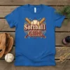 Softball Girl text with crossed bats and softball graphic on a blue t-shirt
